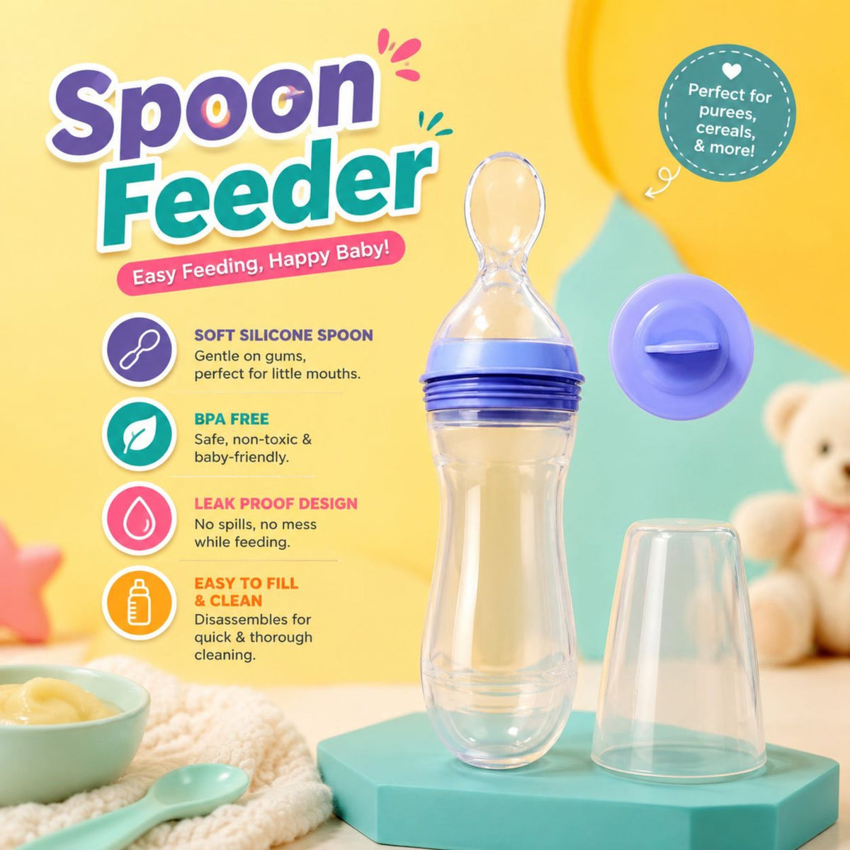A spoon feeder bottle with a clear silicone spoon and a purple lid, displayed on a teal stand with a clear cup beside it. The background is bright yellow with promotional text, icons, and a teddy bear.