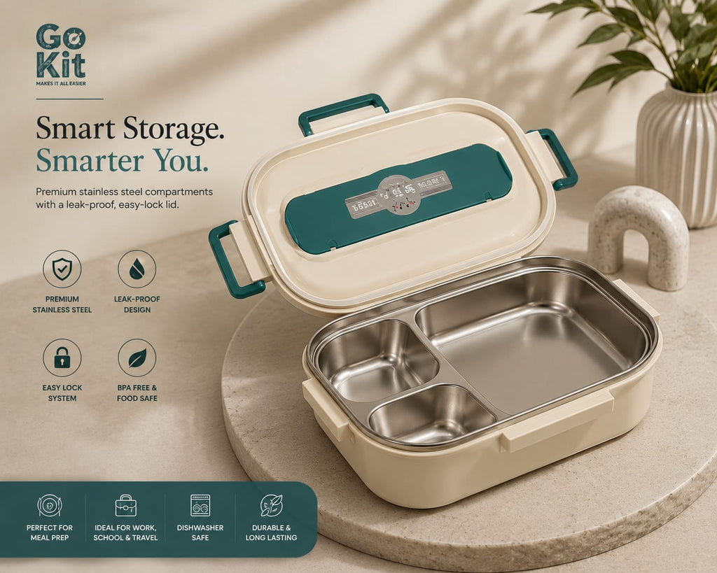 Go Kit insulated lunch box in a warm cream color with teal accents, shown open with a stainless steel divided interior on a stone pedestal. The image includes marketing text, feature icons, and a plant in the background.