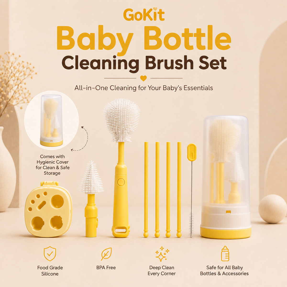 Baby Bottle Cleaning Brush Set - Yellow