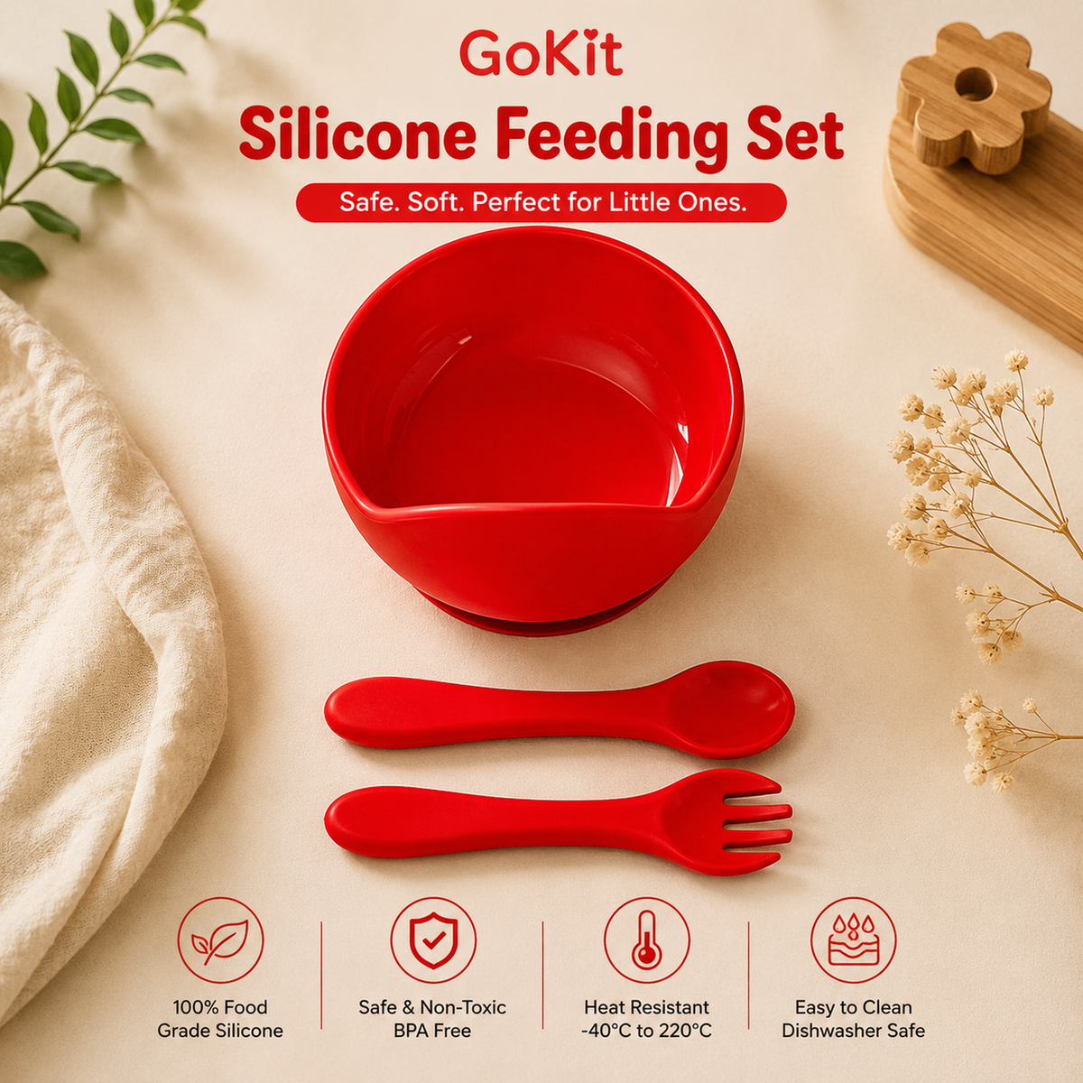 GoKit Premium 3-Piece Silicone Baby Feeding Bowl Set – Red