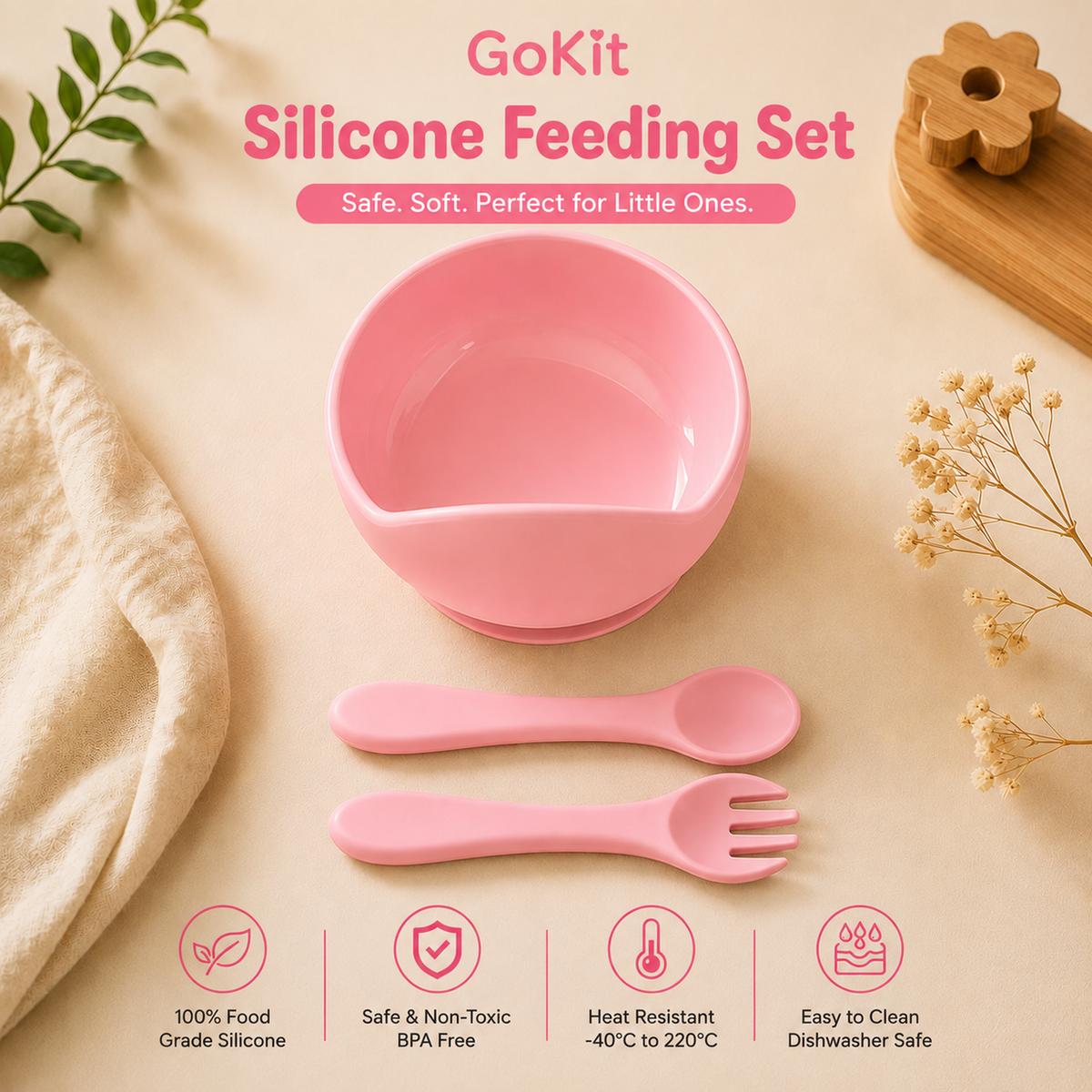 GoKit Premium 3-Piece Silicone Baby Feeding Bowl Set – Pink