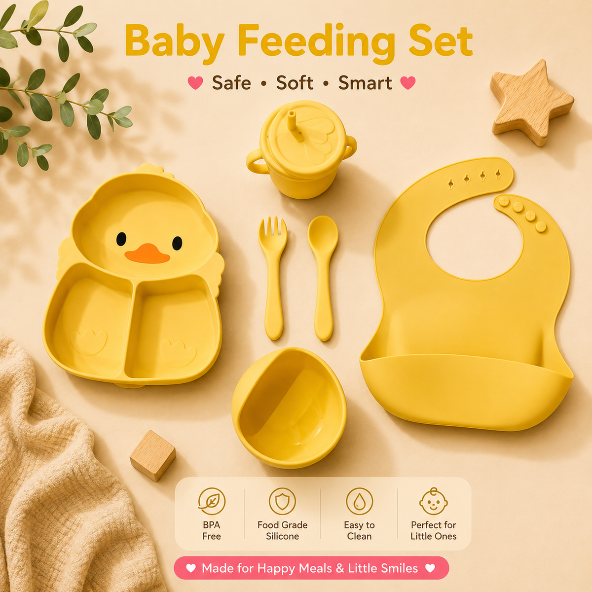 Yellow baby feeding set arranged on a beige background, including a duck-shaped divided plate, bowl, spoon, fork, sippy cup, and bib, with text reading 'Baby Feeding Set' and feature badges below.