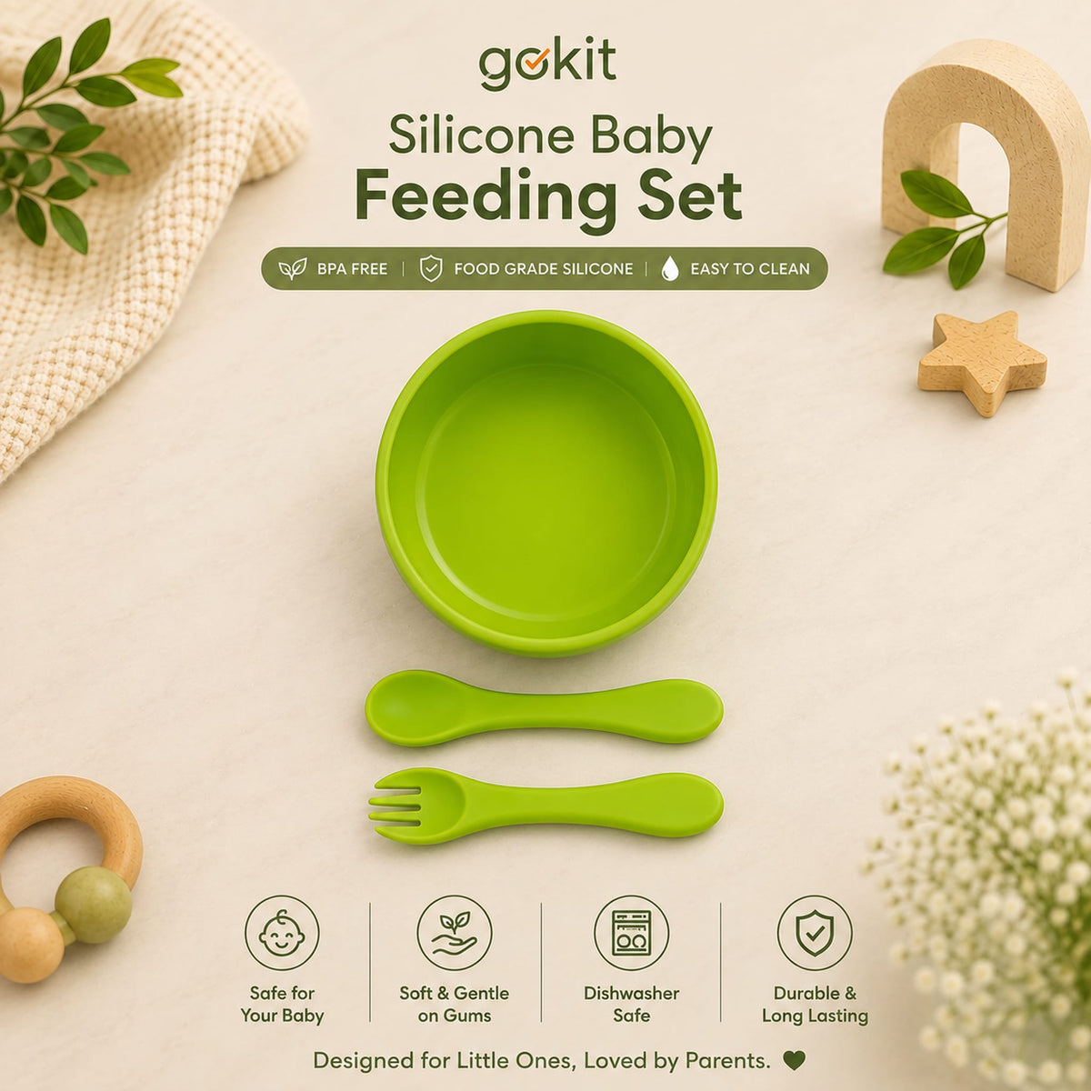GoKit Premium 3-Piece Silicone Baby Feeding Bowl Set – Green