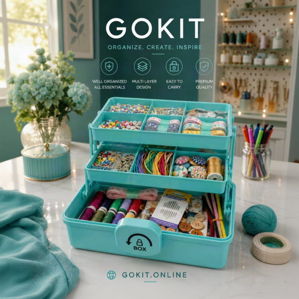 A turquoise GOKIT organizer box filled with craft supplies, shown on a countertop in a styled craft room setting. The top of the image includes the text 'GOKIT ORGANIZE.