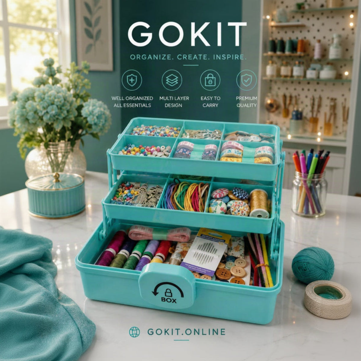 A turquoise GOKIT organizer box filled with craft supplies, shown on a countertop in a styled craft room setting. The top of the image includes the text 'GOKIT ORGANIZE.