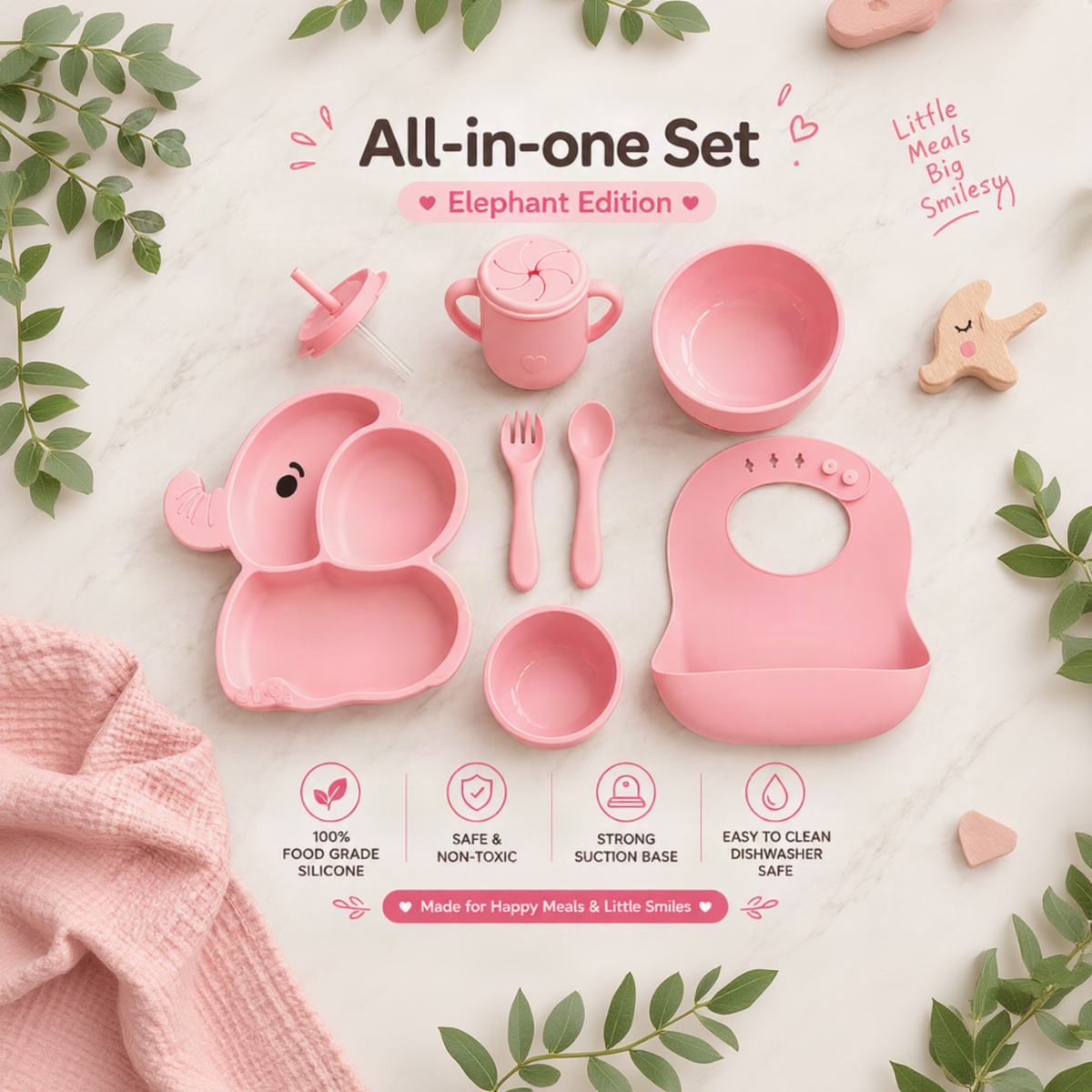 GoKit All-in-one Set Elephant Edition baby feeding and drinking toy set in pink, including a divided plate, cup, bowl, spoon, bottle, bib, and small accessories, arranged on a light marble background with promotional text and feature icons.