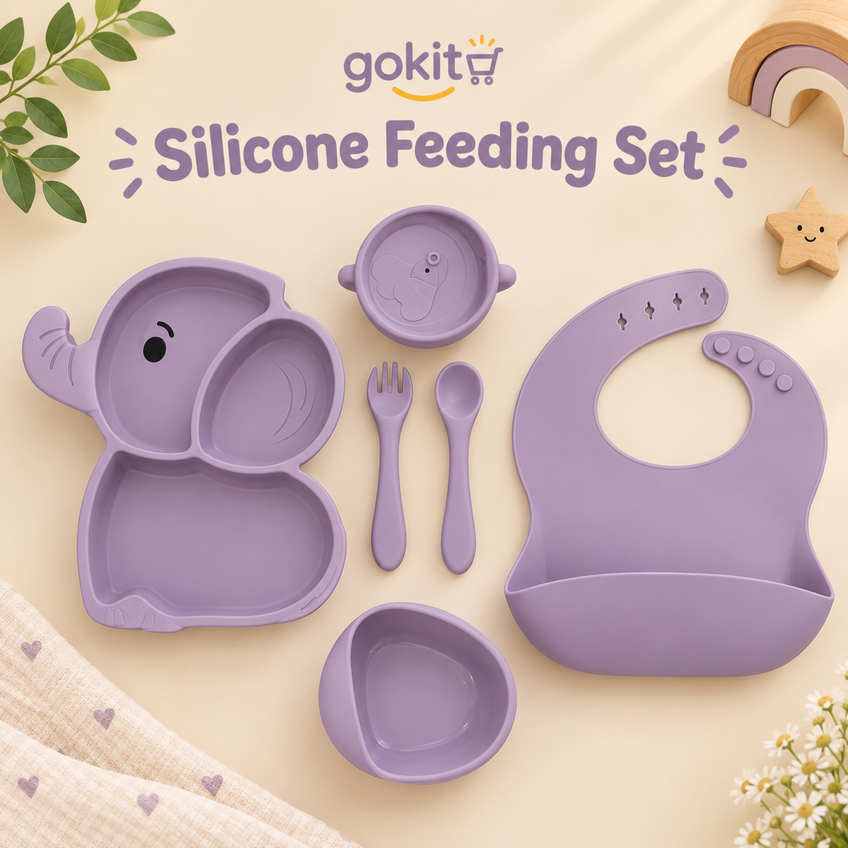 GoKit All-in-One Silicone Feeding Set - Lilac Elephant Edition