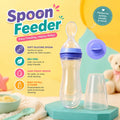 A spoon feeder bottle with a clear silicone spoon and a purple lid, displayed on a teal stand with a clear cup beside it. The background is bright yellow with promotional text, icons, and a teddy bear.